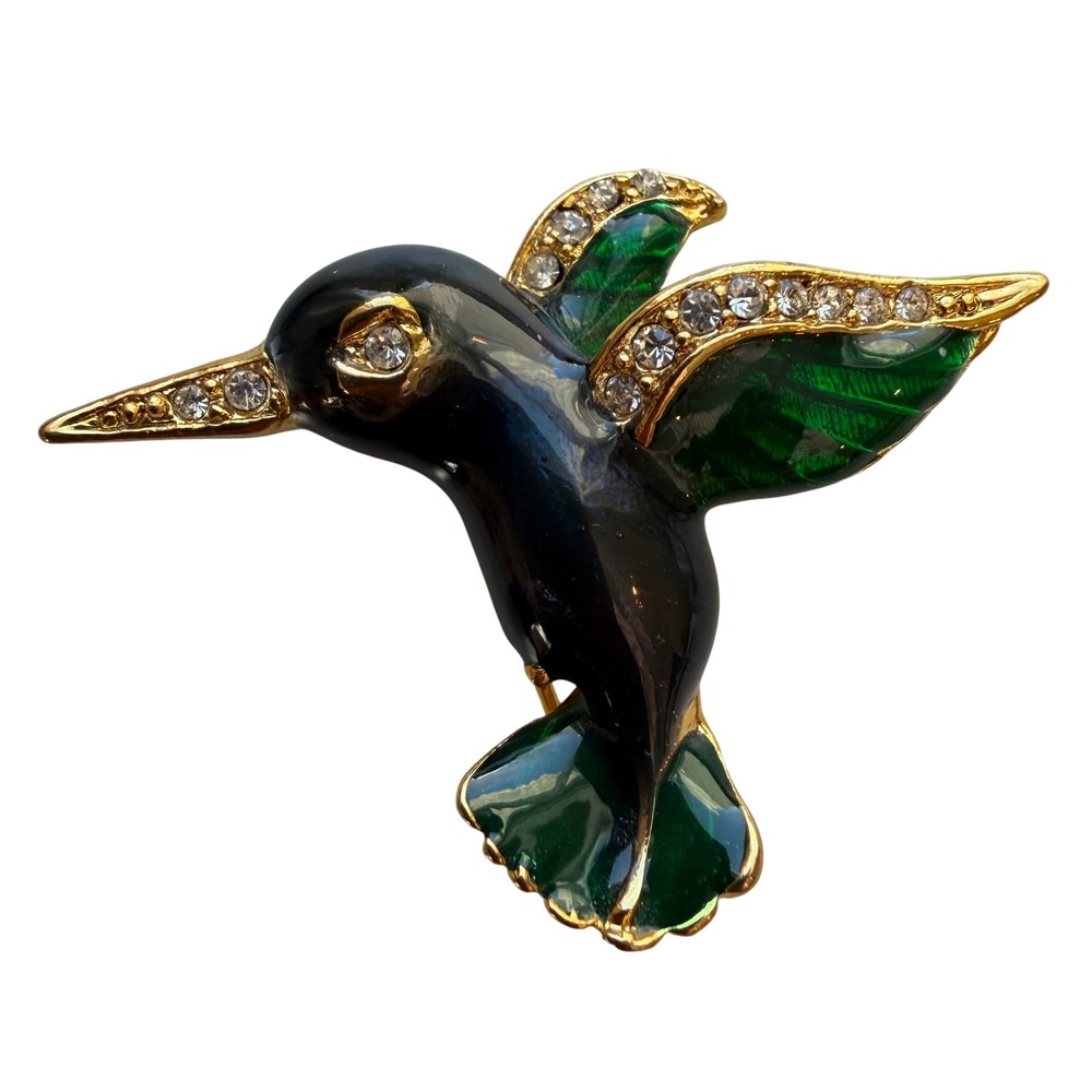 Hummingbird Brooch Enamel Rhinestone‎ Gold Tone Green Black Bird Pin 2 Inch